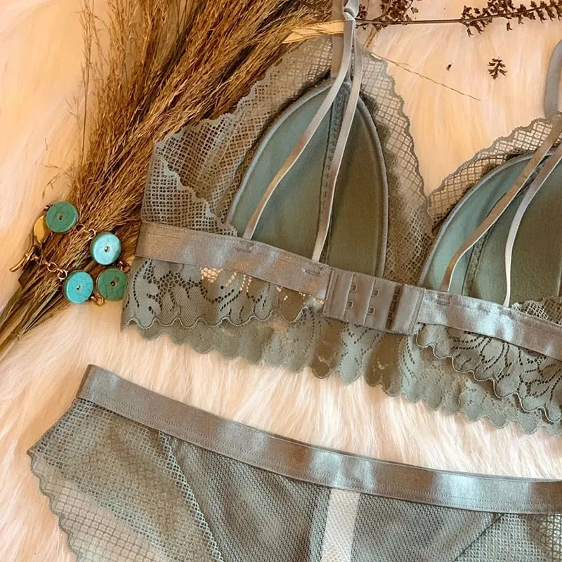 Trådløs bomuldskop med fuld blonder, behageligt dameundertøjssæt Soft-cup trekant bralette og gennemsigtige trusser bh lingeri — image 6