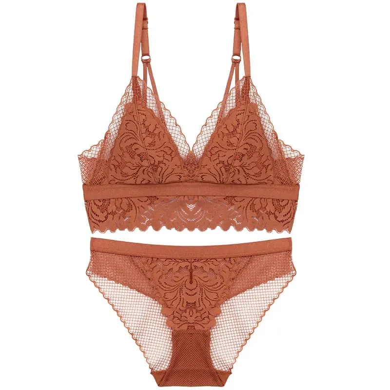 Trådløs bomuldskop med fuld blonder, behageligt dameundertøjssæt Soft-cup trekant bralette og gennemsigtige trusser bh lingeri — image 5