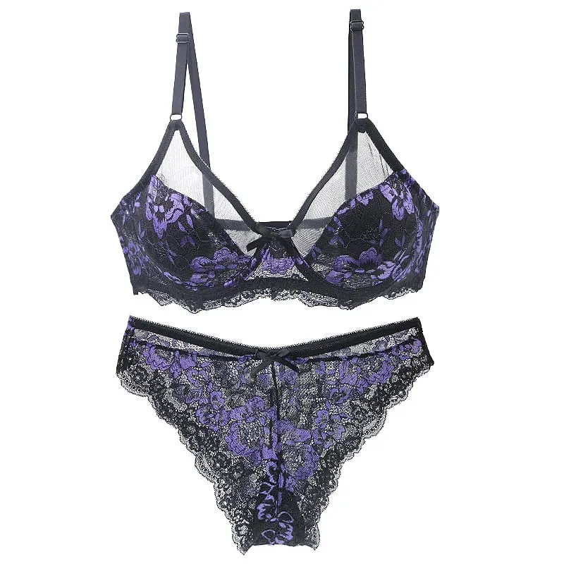 Frauen Ultra-dünne BCDE Tasse Mesh Spitze Unterwäsche Transparente Bh Sets Schönheit Zurück Hohl Stickerei Weibliche Dessous — image 4