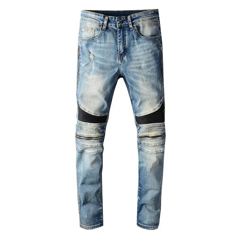 Sokotoo Men's PU Leather Patchwork Biker Jeans Zippers Retro Light Blue Stretch Denim Slim Pants — image 2