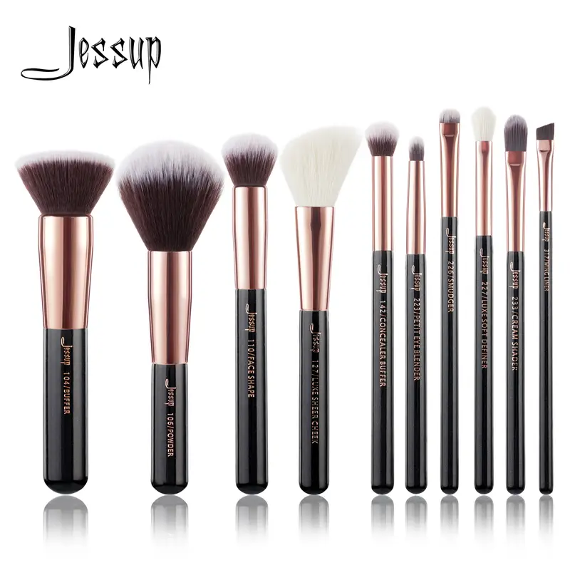Pennelli Jessup 10 pezzi Pennelli per trucco Fondotinta naturale-sintetico in polvere Contorno Blush Ombretto Wing Liner Nero perla — image 1