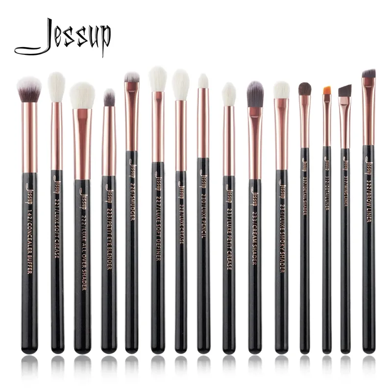 Zestaw pędzli do makijażu Jessup 15 szt. Zestaw pędzli do makijażu Eyeliner Shader Naturalne włosy syntetyczne Różowe złoto/czarny T157 — image 1