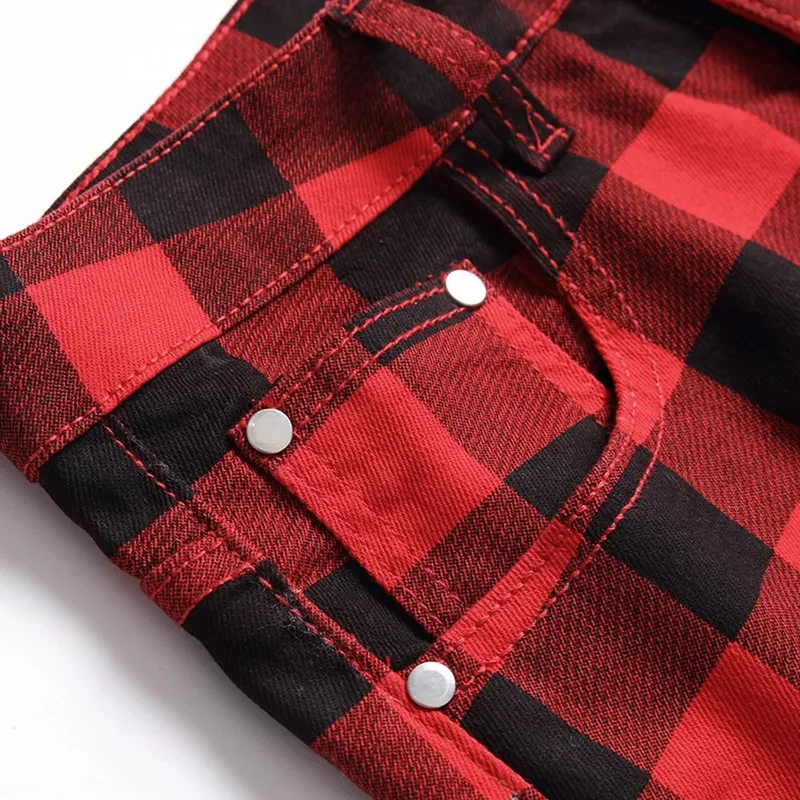 Men Red Plaid Printed Pants Fashion Slim Stretch Jeans Trendy Plus Size Straight Trousers — image 3