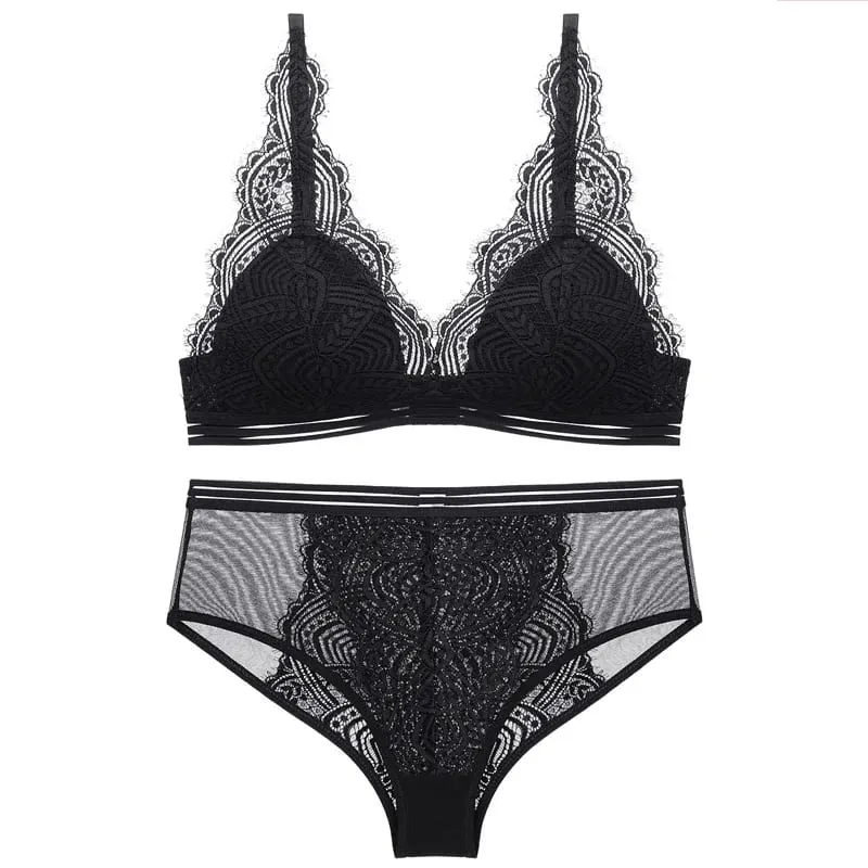 Conjunto de sutiã e calcinha triangular de renda sem fio, forro fino, roupa íntima feminina sexy, lingerie francesa, sutiã bralette