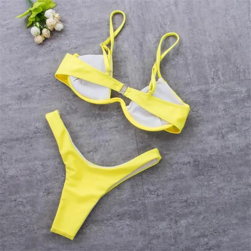 Dámské 2ks bikini soupravy jednobarevné drátěná vycpávka na zádech přezka ve tvaru V podprsenka trojúhelník vysoký pas kalhotky letní plavky spodní prádlo — image 6