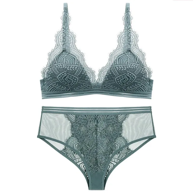 Conjunto de sutiã e calcinha triangular de renda sem fio, forro fino, roupa íntima feminina sexy, lingerie francesa, sutiã bralette — image 3