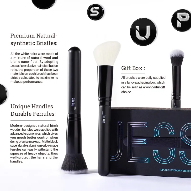 Set Berus Mekap Jessup 10pcs Berus Mekap Bedak Sintetik Semulajadi Pembayang Mata Celak Celak Penyubur Kening T323 — image 4