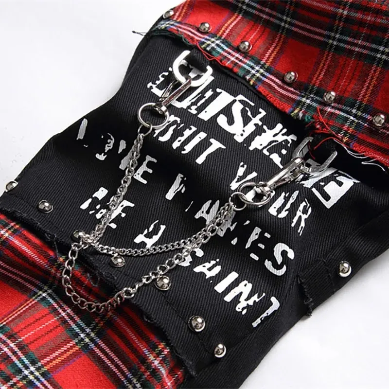 Jeans Tambal Sulam Tartan Kotak-kotak Merah Skotlandia Pria Celana Denim Hitam Tambalan Keling Punk Celana Panjang Lurus Ramping Cetak Huruf Tengkorak — image 5