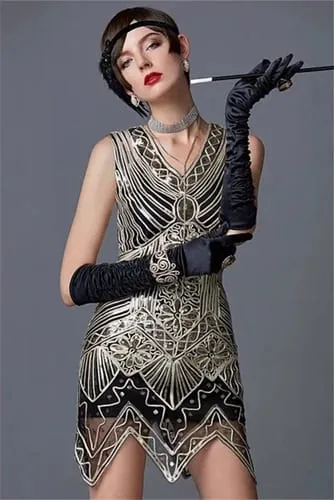 1920er-Jahre-Damenkleid mit Pailletten und dreieckigem Saum, ärmellos, Goldfaden-Stickerei, Quaste, Gatsby-Partykleid