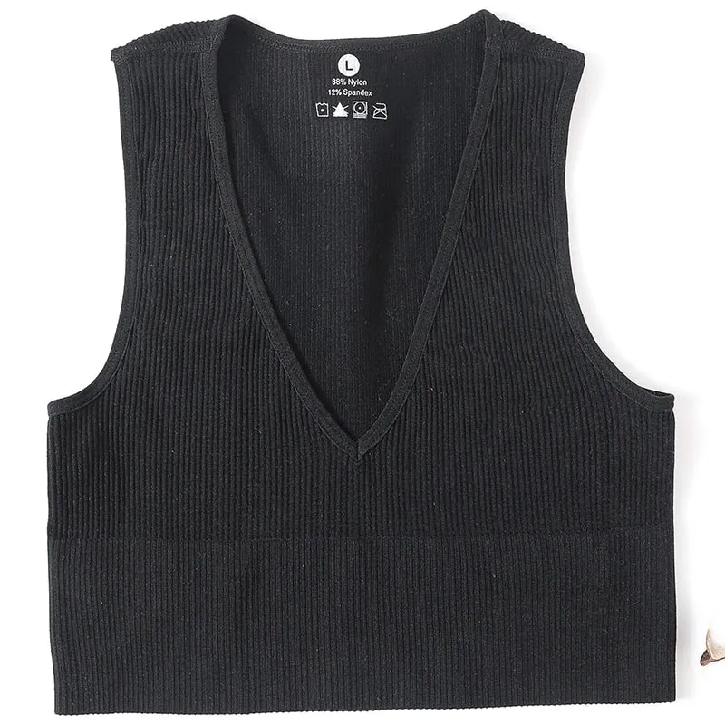 Damen-Crop-Top mit tiefem V-Ausschnitt, einfarbig, schmale Passform, Tank-Top, dehnbar, ärmellos, lässig, geripptes Strick-BH-Top, tief geschnittenes Leibchen, M-XL
