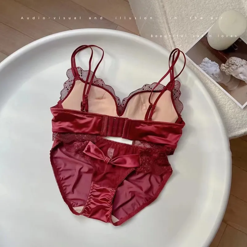 Set di biancheria intima sexy in lattice di raso di pizzo, cotone sottile, traspirante, confortevole, per seni piccoli, abiti di lingerie, bellissimo reggiseno intimo posteriore — image 6