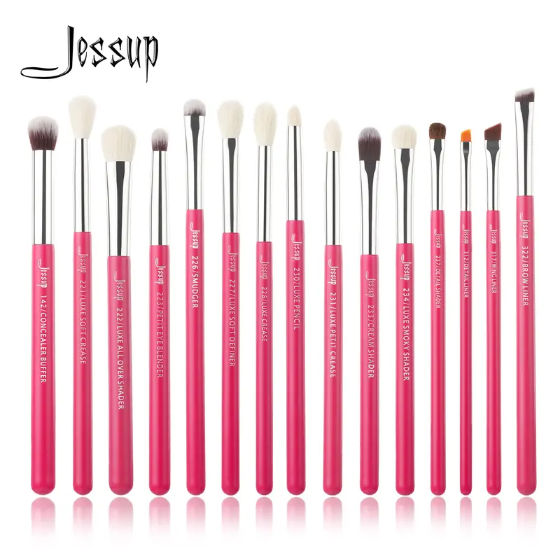 Jessup Make-up-Pinsel-Set, 15-teilig, professioneller Make-up-Pinsel, Eyeliner, Shader, natürlich-synthetisch, Rose-Karmin/Silber — image 1