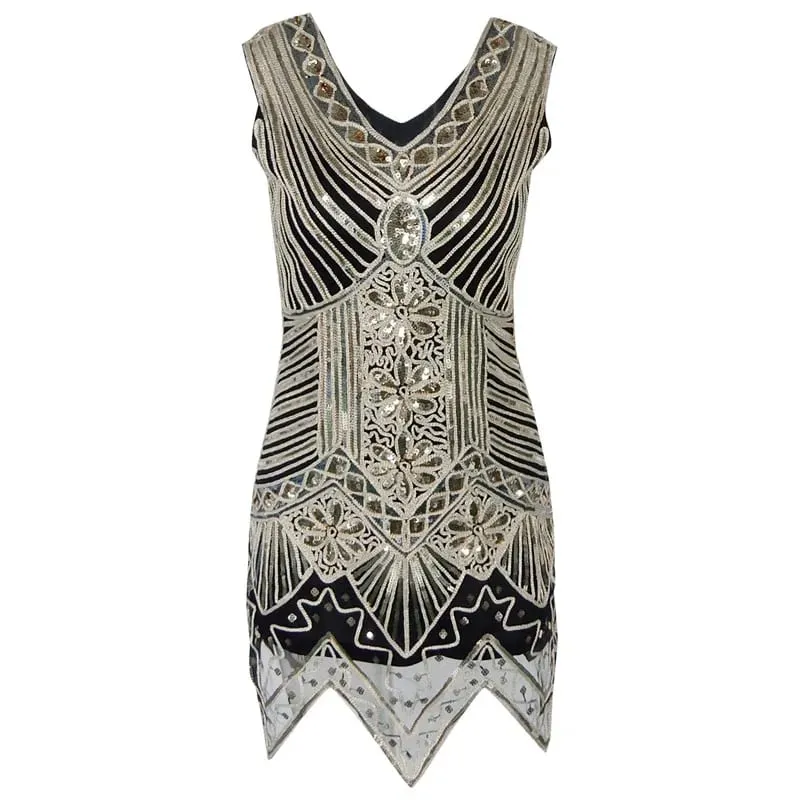 1920er-Jahre-Damenkleid mit Pailletten und dreieckigem Saum, ärmellos, Goldfaden-Stickerei, Quaste, Gatsby-Partykleid — image 6