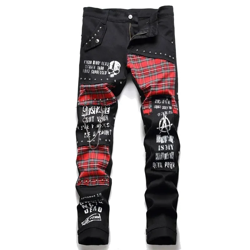 Jeans Tambal Sulam Tartan Kotak-kotak Merah Skotlandia Pria Celana Denim Hitam Tambalan Keling Punk Celana Panjang Lurus Ramping Cetak Huruf Tengkorak — image 10