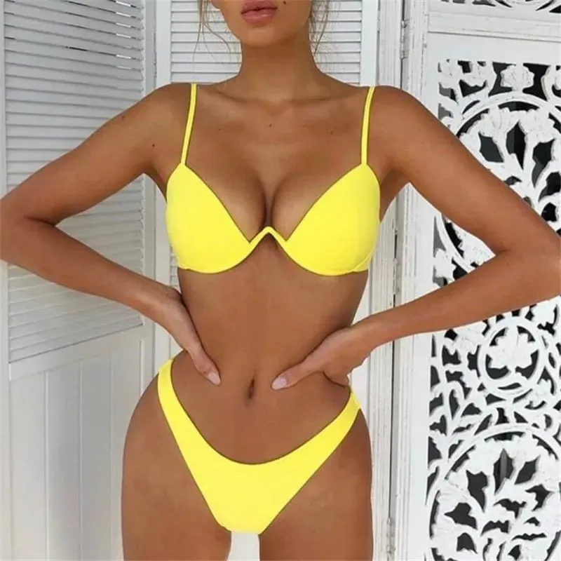 Dámské 2ks bikini soupravy jednobarevné drátěná vycpávka na zádech přezka ve tvaru V podprsenka trojúhelník vysoký pas kalhotky letní plavky spodní prádlo — image 12