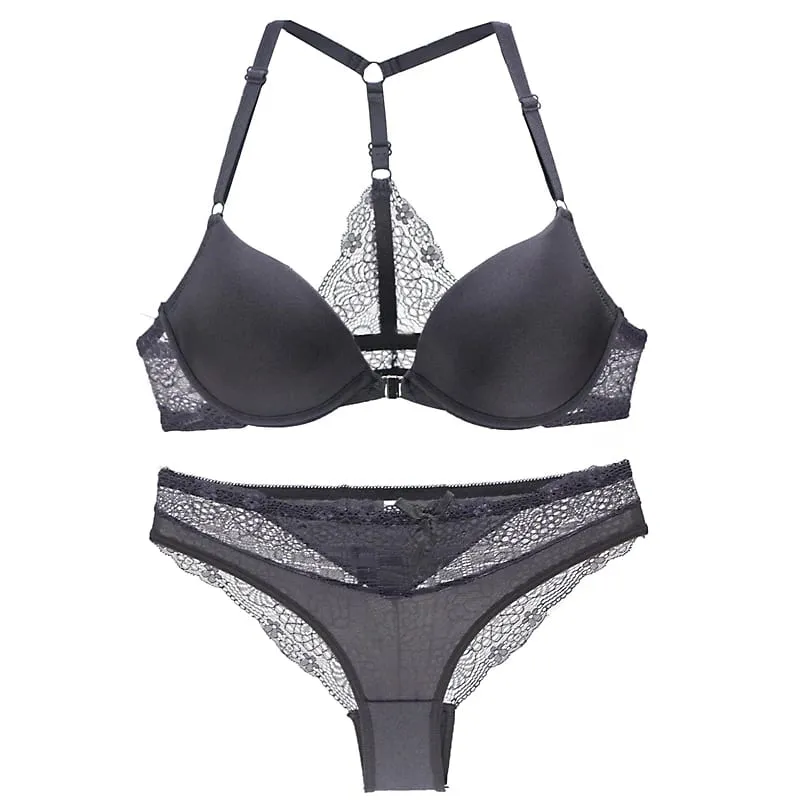 2022 New Sexy Halter Deep V Push Up Bras Set Solid Smooth Bow Decorative Women Underwear AB Cup Girls Lingerie — image 3