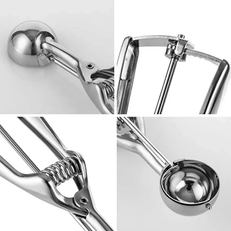 Isske Køkkenværktøj 3 Størrelse Rustfrit stål Fjederhåndtag Mos Kartoffel Vandmelon Kugle Scoop Hjem Køkkentilbehør — image 6