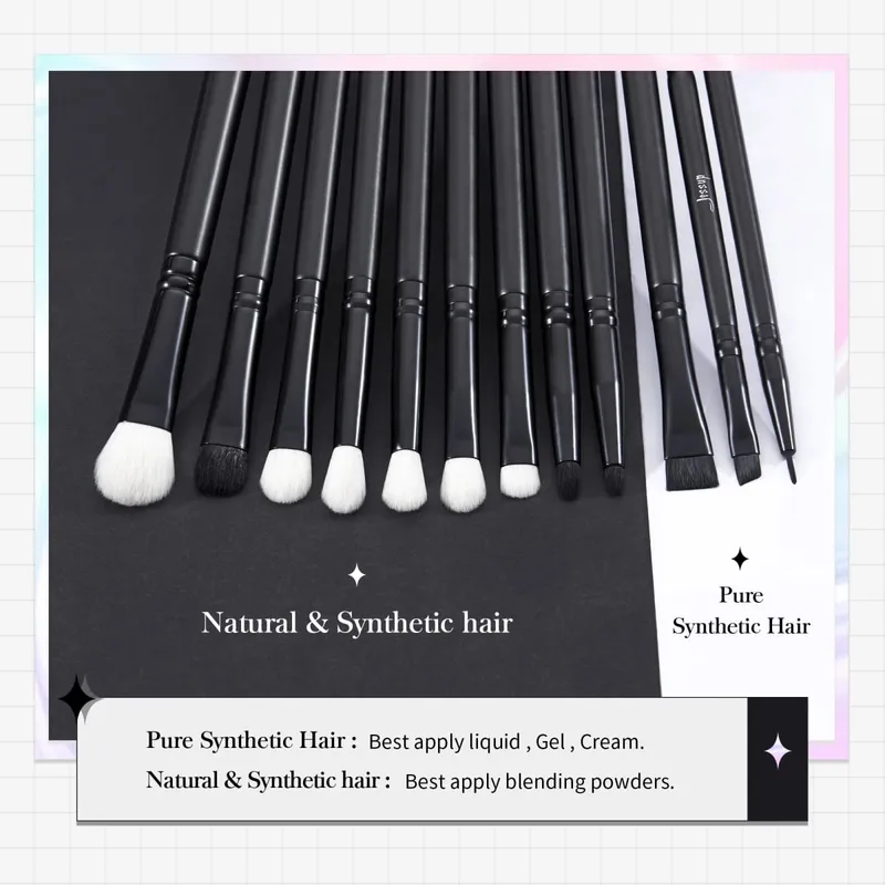 Jessup Augen-Make-up-Pinsel-Set, Lidschatten-Pinsel-Set, Blending Eyeliner, Augenbrauen, Wimpern, Schatten, Spoolie, 12 Stück, gemischtes Haar, Schwarz, T322