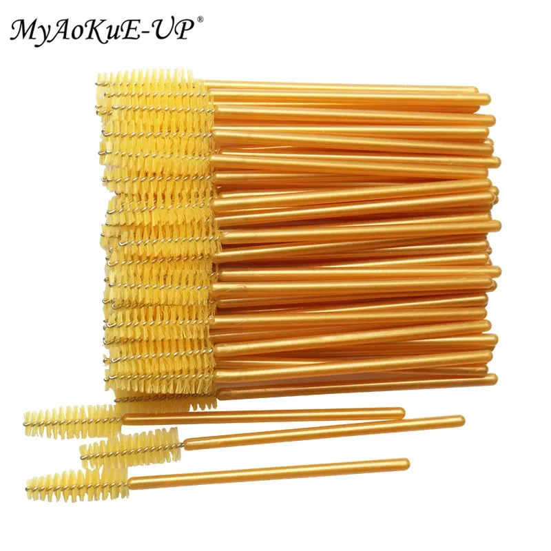 Neu angekommen 200 stücke Goldenen Griff Gelbe Pinsel Nylon Einweg Mascara Zauberstäbe Wimpern Make-Up Pinsel Wimpern Verlängerung