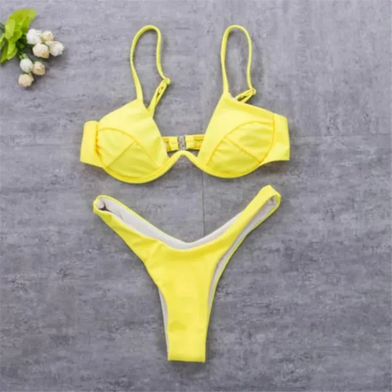 Dámské 2ks bikini soupravy jednobarevné drátěná vycpávka na zádech přezka ve tvaru V podprsenka trojúhelník vysoký pas kalhotky letní plavky spodní prádlo — image 3