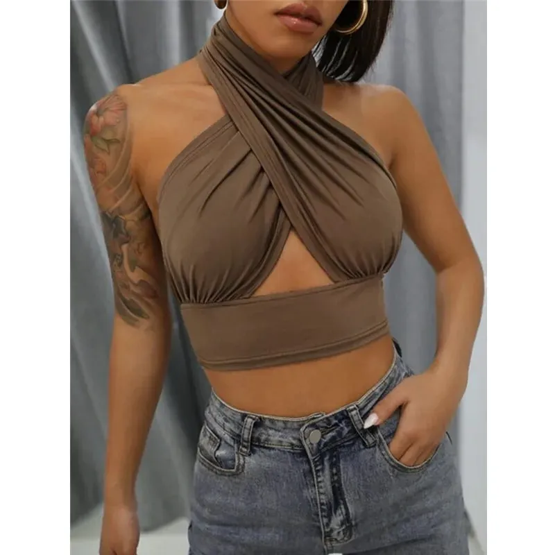 Frauen Sommer Tank Tops Solide Kreuz Halter Camis Backless Crop Tops Weibliche Leibchen Abgeschnitten Top Schlank Ärmellose Streetwear — image 3