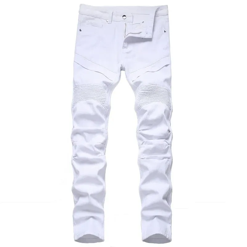 Men's Biker Jeans Black White Pleated Denim Pants Plus Size Slim Straight Classic Trousers — image 10