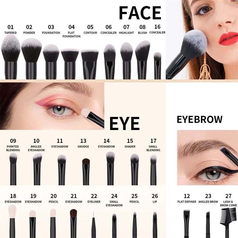 DUcare Kuas Rias Hitam Kuas Rias Profesional Eyeshadow Foundation Bedak Rambut Sintetis Lembut Kuas Rias Brochas Maquillaje