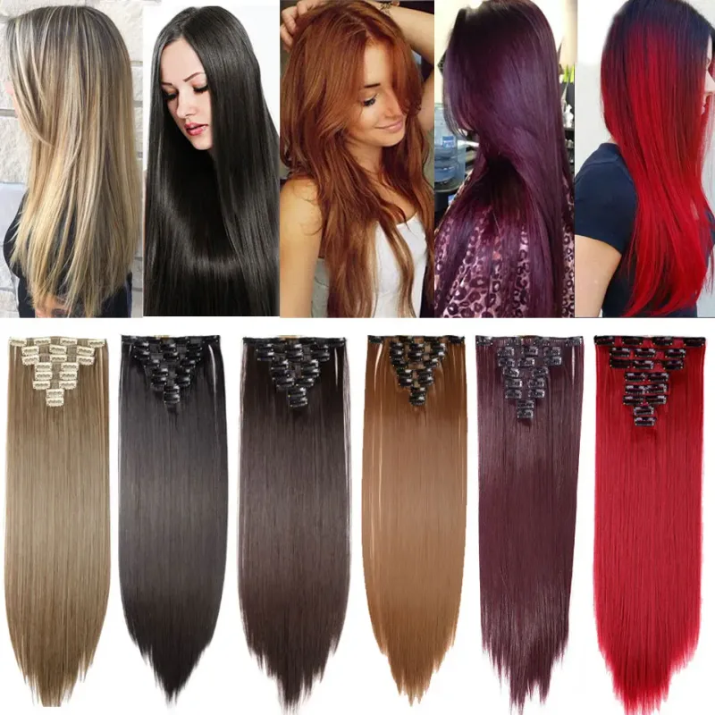 S-noilite Synthetic 8PCS/Set 18Clips Clip in Hair Extensions Long Straight Hair Extension Clip in Hair for Women — image 6