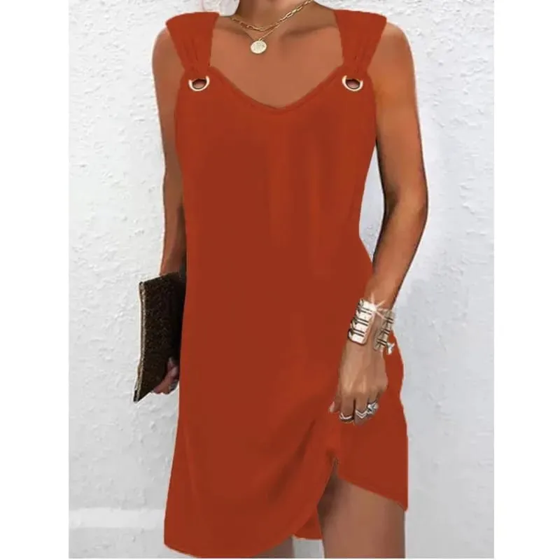 Women Summer Casual Dresses 2025 Elegant Simple Style Solid Color Metal Button V-neck Sleeveless Dress Female Sexy Midi Vestidos — image 4