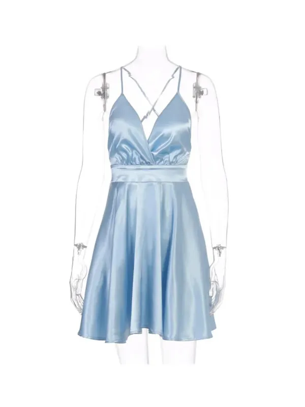Été Sexy années 2000 européenne et américaine couleur unie col en v nœud High Street style Vintage emo sangle robe sangle a-ligne courte Dres — image 6