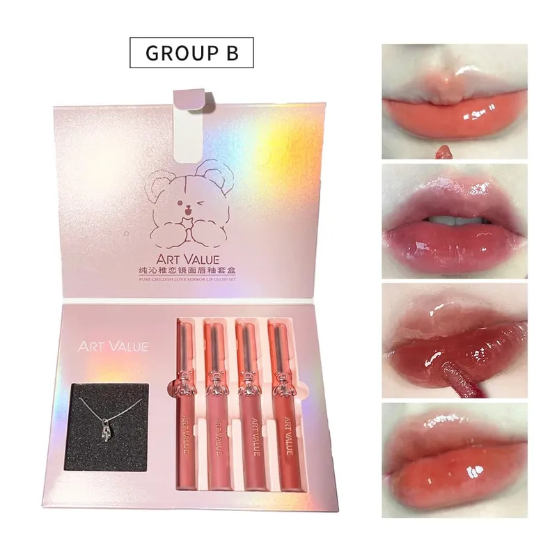 ART VALUE 4Pcs Lipgloss Liquid Lipstick Lasting Moisturizing Makeup Mirror Lip Glaze Set With Necklace Lip Tint Beauty Makeup — image 8
