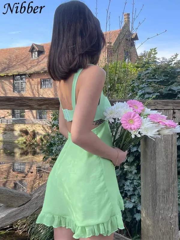 Nibber Vestidos Elegantes Para Mujer สีทึบ Cutout Slim ชุดสลิงเซ็กซี่ Backless Ruffle ชุด Female2023 — image 4