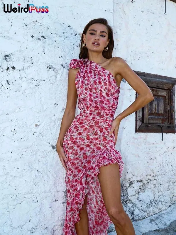 Strano gatto sottile collare diagonale vestito da donna fiori stampa fasciatura irregolare spallacci volant orlo vacanze estive abiti — image 3