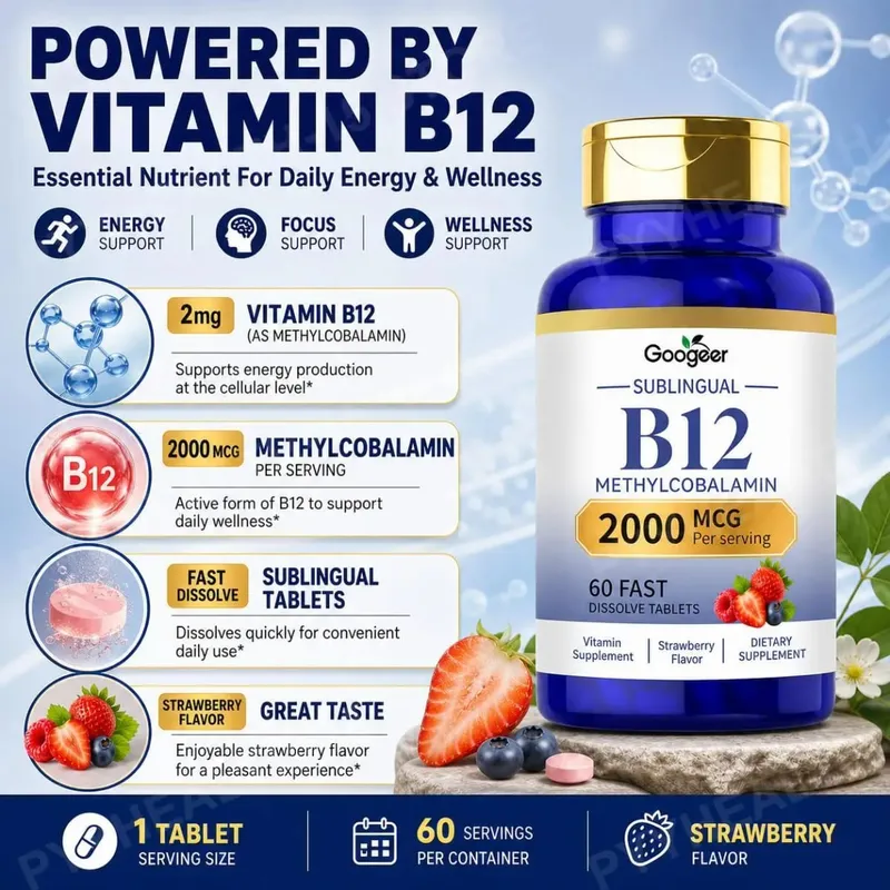 Googeer B12 Methylcobalamin Sublingual Fast Dissolve เม็ดรสสตรอเบอร์รี่สำหรับ Daily Body Comfort Support 60 เม็ด