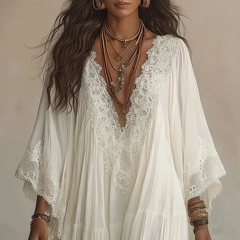 ฤดูร้อนElegant Solidชุดสตรีลำลองลูกไม้Trim VคอFlowy MaxiชุดชายหาดHoliday Party Maxi Dresses Robe Vestidos — image 6