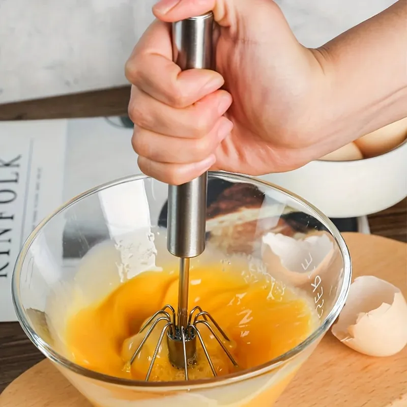 Batidor de huevos semiautomático de acero inoxidable, batidor de huevos giratorio para crema, batidor de huevos manual para el hogar, herramienta para hornear, sin batería — image 5