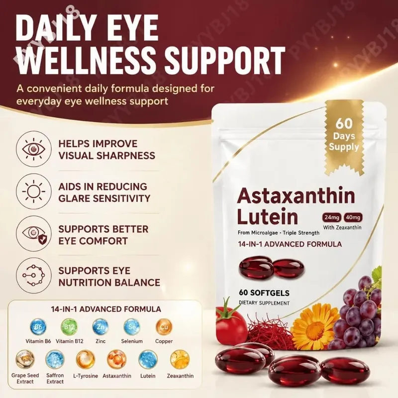 Augenergänzungsmittel mit dreifacher Stärke, Lutein, Astaxanthin und Zeaxanthin, Sehunterstützung bei Bildschirmblendung und digitaler Augenbelastung, 60 Kapseln