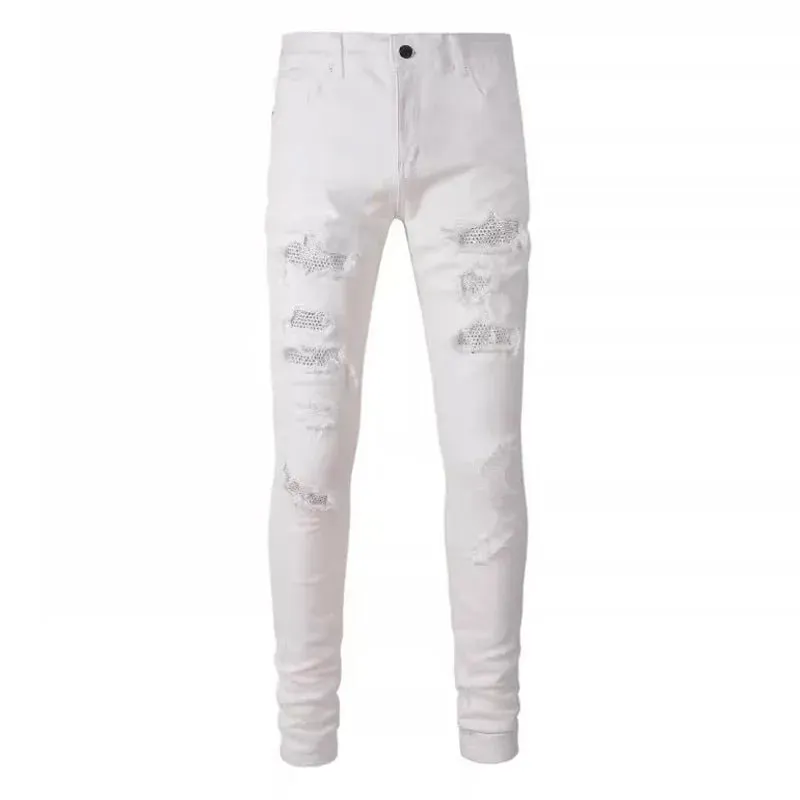 Diamant-besat vasket Ripped Patch Patchwork Hot Diamond Jeans Beggar Pants Mænd — image 5