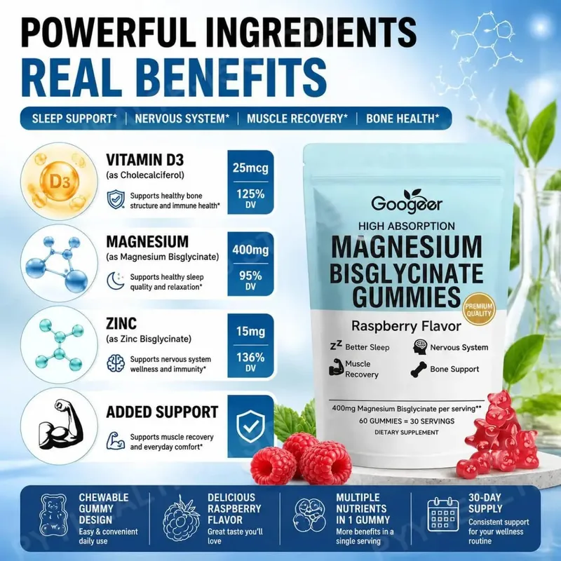 Caramelle gommose al bisglicinato di magnesio per il sonno dei muscoli ossei, il benessere del sistema nervoso con vitamina D3 e zinco 60 caramelle gommose — image 4