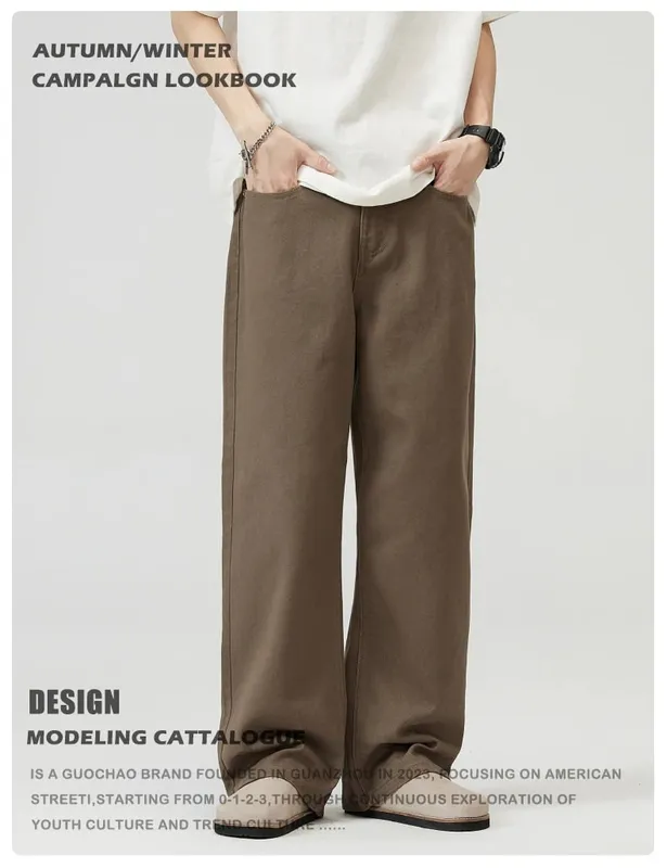 100 % Baumwolle Herren Baggy Straight Jeans Bequeme weiche Freizeithosen Mode koreanische weiße braune Denim-Hose Männliche Kleidung — image 8