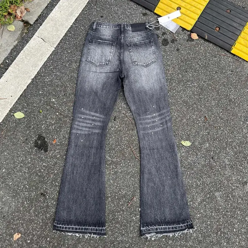 Pantalon en Denim Micro Flare délavé à l'eau lourde rétro bleu éclaboussures d'encre pantalon en jean Baggy droit pour hommes et femmes coupe de botte — image 3