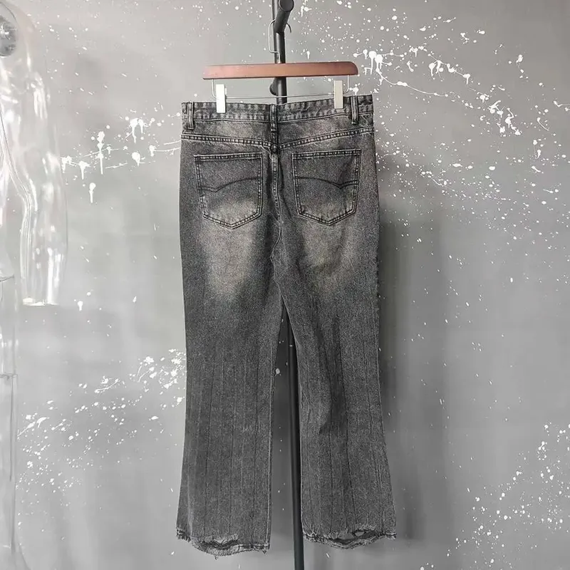 Distressed Niche Design Μαύρο γκρι Micro Flared Ανδρικό τζιν παντελόνι Loose Trend με ίσια τρύπα στο κάτω μέρος Casual τζιν παντελόνι 28W5868