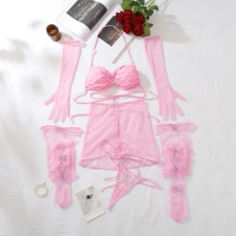 Lingerie ultra sexy, reggiseno con coulisse, bretelle attraenti, romantici guanti con calza ritagliata a farfalla