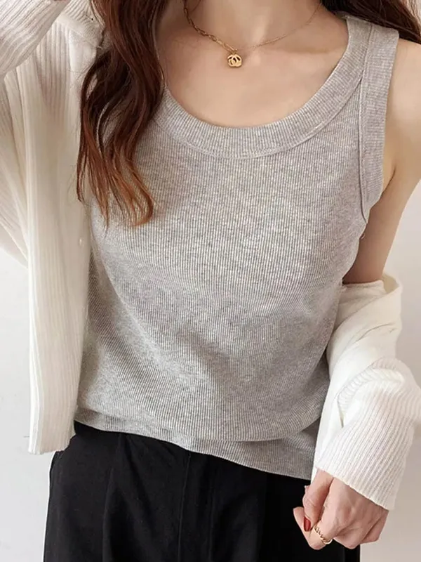 Tank Top Warna Polos Rajutan Musim Panas Kamisol Ramping Putih Kaus Kamisol Dasar Wanita — image 9