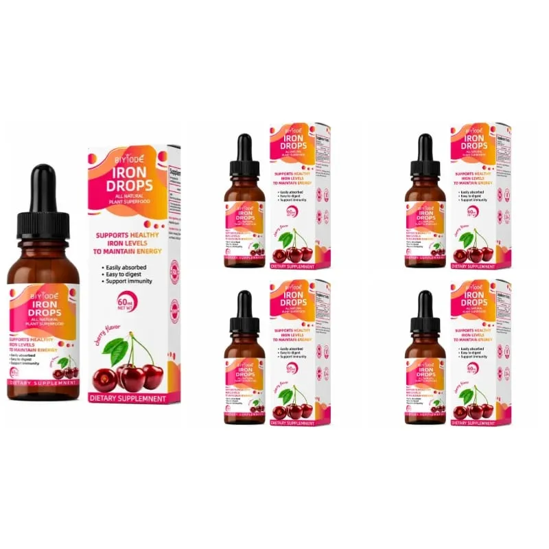 Supplément liquide Iron Drops 18 Mg (100% DV) Ferrochel Bisglycinate ferreux chélate Absorption facile Saveur cerise 60 ml
