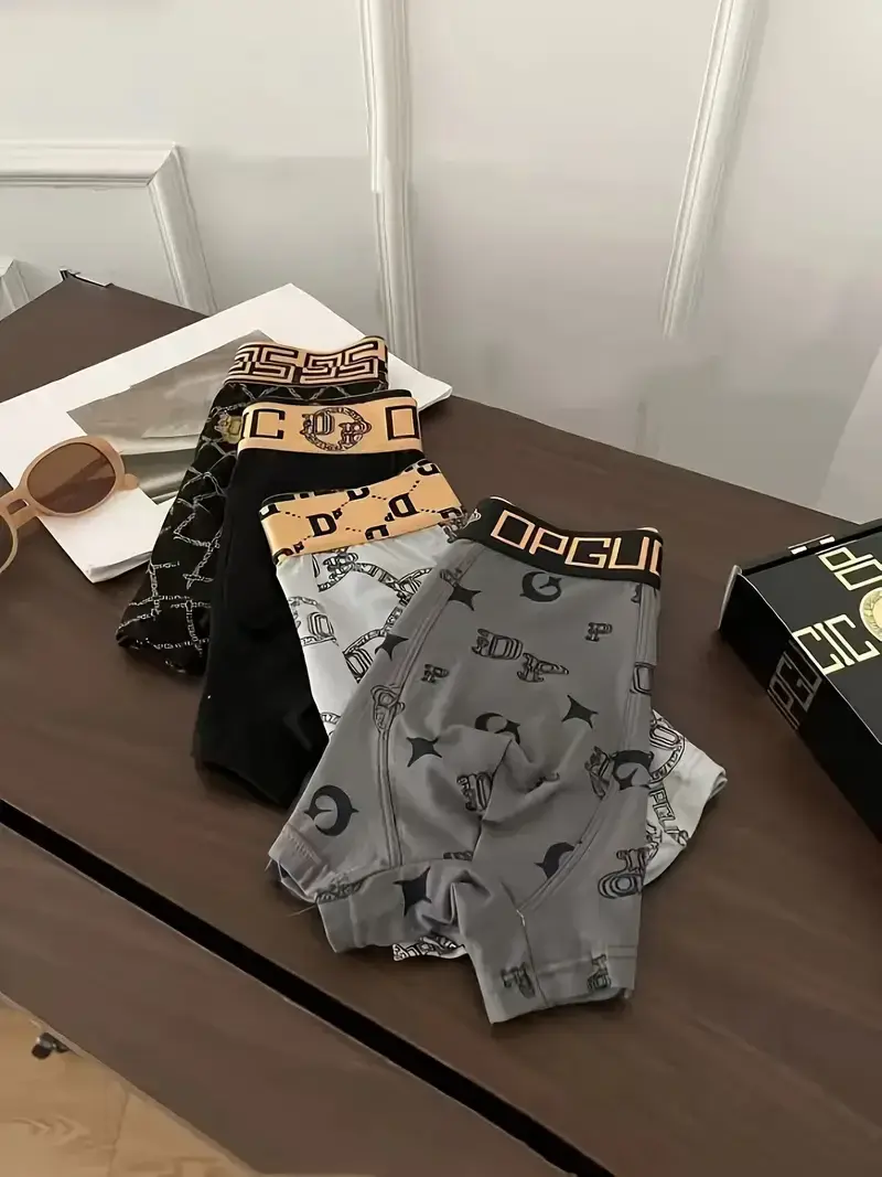 ملابس داخلية فاخرة مطبوعة بزاوية مسطحة للرجال من 4 قطع بحزام ذهبي ملابس داخلية مريحة ناعمة قابلة للتنفس سراويل ملاكمة للشباب — image 8