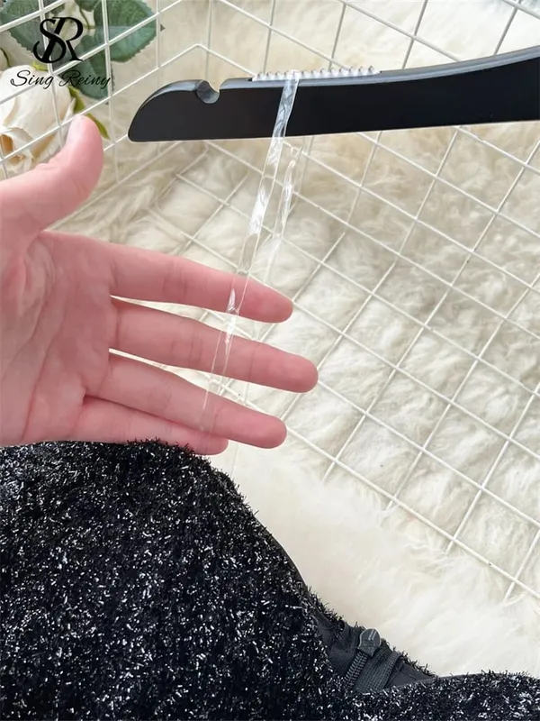 Abito da torta di alta qualità Cinturino alla moda con paillettes Pachwork Design a rete Donna Temperamento senza maniche Autunno Abito lungo lucido — image 3