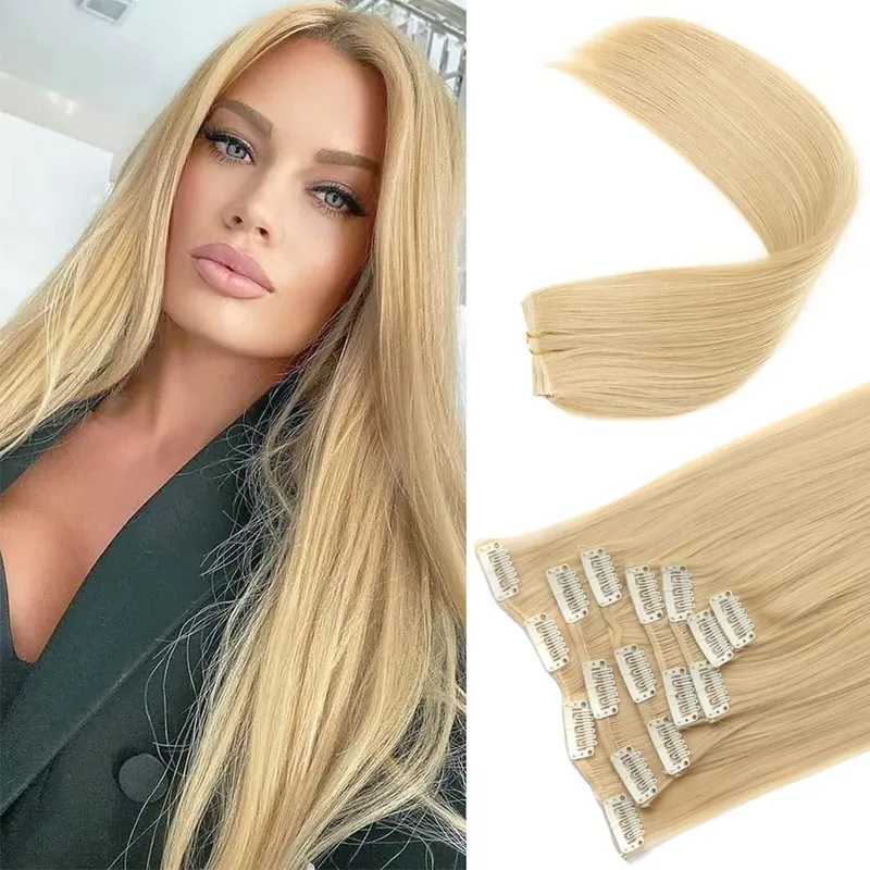 16 clip 7 pezzi / set estensioni dei capelli lungo rettilineo sintetico naturale nero biondo posticcio resistente al calore per l'acconciatura delle donne — image 2