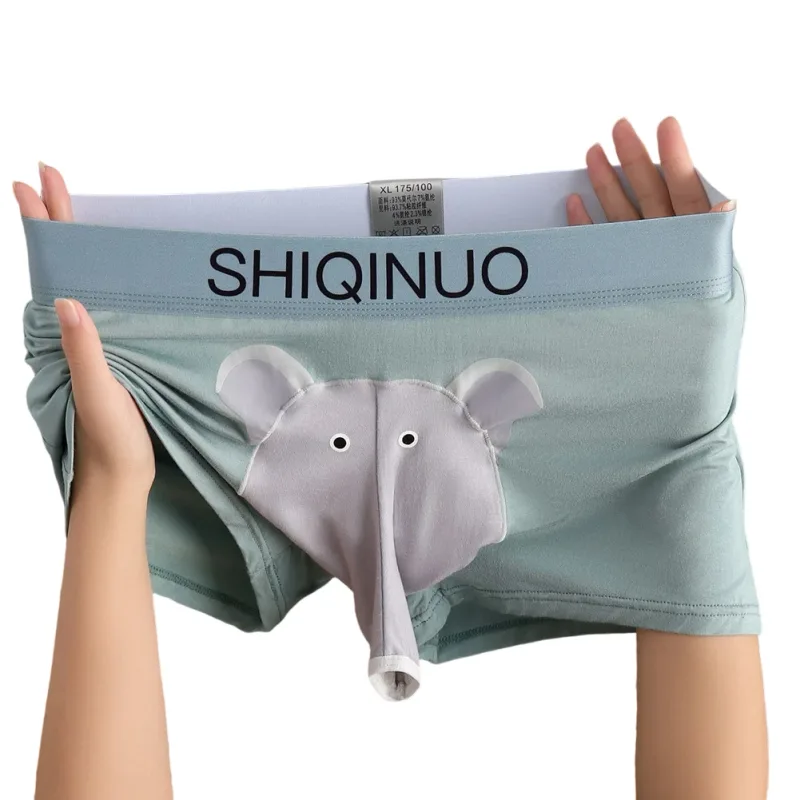 Caleçon homme mignon imprimé éléphant Taille élastique avec lettre Pochette 3D Souple Respirant Sommeil quotidien Maison Décontracté Confortable Sous-vêtements — image 3