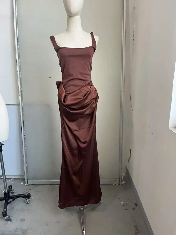 Ruched Waist Satin Long Dress Solid Bodycon Sleeveless Cowl Neck Fishtail Women Dresses 2026 Summer Lady Formal Evening Gowns — image 12